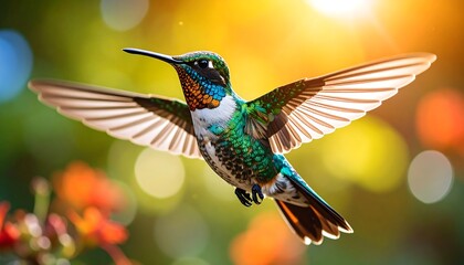 Fototapeta premium Vibrant hummingbird in flight, colorful bokeh