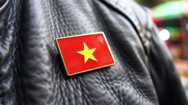 Vietnamese flag patch on leather jacket