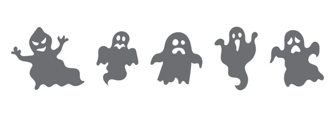 Obraz premium halloween ghost vector illustration featuring a set of unique silhouettes of ghost designs. Perfect for Halloween, this set includes traditional and abstract ghost, pumpkins and skeleton hands