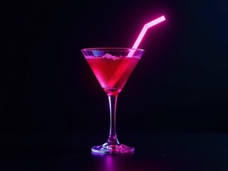 A glowing pink cocktail in a martini glass with a neon straw against a black backdrop.