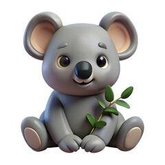 Naklejka premium 3D icon of a koala with a sprig of eucalyptus in its paw on transparent background