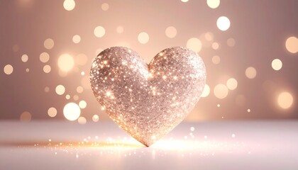 Glittering heart on a soft, light beige background with bokeh