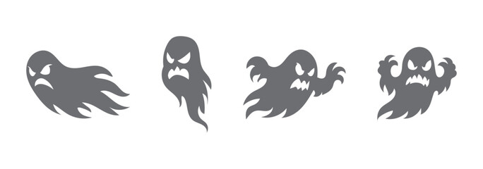 Set scary and funny ghosts with faces, isolated on black background. Vector illustration, traditional Halloween decorative elements. Halloween silhouettes white ghost character - for design decor.