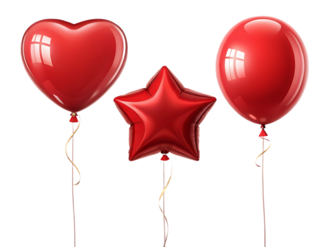 Red heart shaped balloon star shaped balloon and oval shaped balloon on a black plain background
