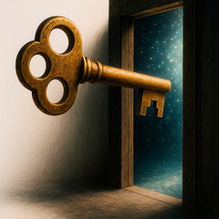 A huge key opens the door to the starry sky.