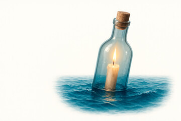 A burning candle inside a bottle floats on the sea. Space for text.