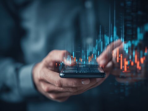 analyst works on a smartphone showing Financial Data Analysis and Data Management System for Business Growth Market Research, Financial Growth and Strategy Development