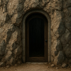A wooden door in the rock that leads to a dark forest.