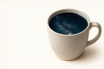 A cup with outer space inside symbolizes the infinity of dreams. Space for text.