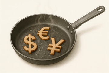 A frying pan with currency symbols on a hot surface.