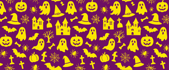 Obraz premium halloween seamless pattern with pumpkin, ghost, bat, witch hat and haunted house on purple background