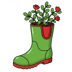 Green Rubber Boot Planter with Red Flowers
