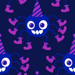 Cartoon monsters seamless Halloween spider pattern for wallpaper and fabrics and textiles and packaging and linens
