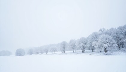 Serene winter landscape with snow-laden trees under a pale, cloudy sky. A blanket of white covers the rolling hills and forest edge, creating a peaceful, tranquil scene.