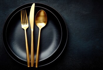 Elegant gold cutlery on black plates, dark background;  place setting, restaurant menu