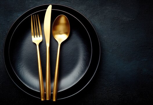 Elegant gold cutlery on black plates, dark background;  place setting, restaurant menu