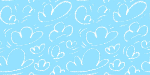 Vector seamless pattern of playful hand-sketched linear clouds in naive style. Crayon drawings childish icons wallpaper. Vector repeatable backdrop with natural atmospheric elements.