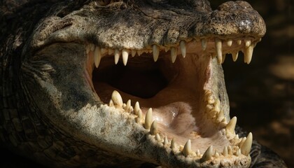 Obraz premium Close-up of crocodile with mouth wide open, revealing sharp, intimidating teeth. Reptilian skin texture detailed, showing scales, ruggedness. Focus on predator powerful jaw, menacing dental structure.