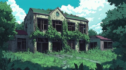 Obraz premium A dilapidated, overgrown building stands amidst lush, verdant surroundings.