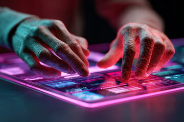 Close-up of hands using futuristic glowing interface on transparent digital screen in dark setting