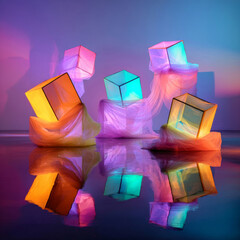 3D cubes wrapped in translucent fabric floating over reflective floor in glowing studio light