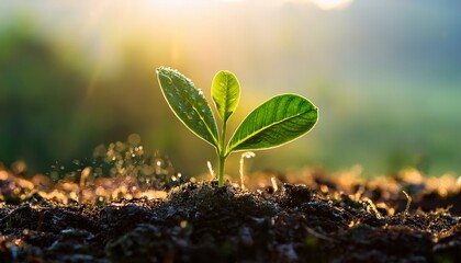 fresh green sprout bathed in morning dew offers a serene visual experience