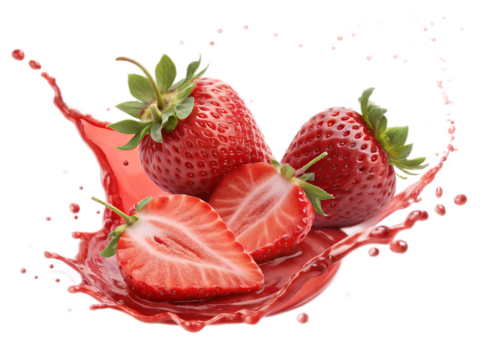 A vibrant splash of juice surrounding fresh strawberries, including halved and whole berries on black