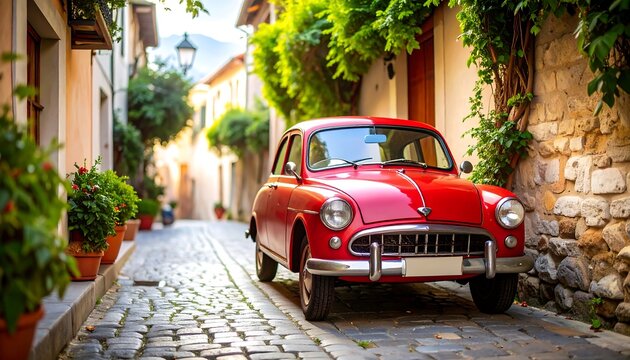 Vintage red car in a charming cobblestone alleyway
