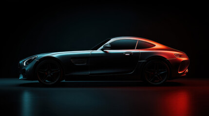 Fototapeta premium Black Luxury Car in Dramatic Red and Blue Light