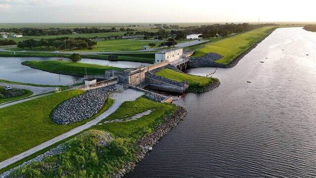 Lake Okeechobee water management though a complex system of pumps and levees