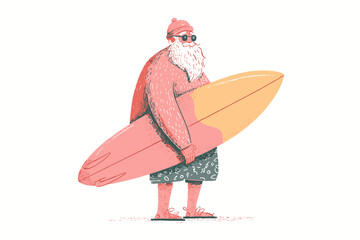 Elderly man with beard holding surfboard in casual summer attire  