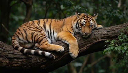 Obraz premium Majestic tiger naps peacefully on thick tree branch in rich green jungle foliage. Iconic orange, black stripes clearly visible. Powerful predator rests, natural habitat, wild nature, conservation