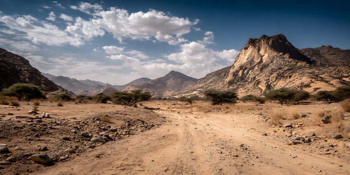 A parched landscape of dusty earth scattered with rocks extends across the view, showcasing the rugged essence of a dry desert passage rich in arid features. - Powered by Adobe