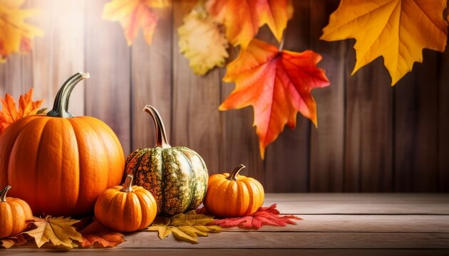 colorful pumpkins and fall leaves on rustic wooden background