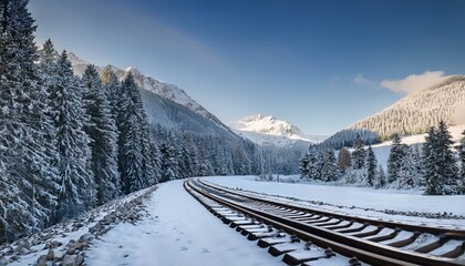 winter railway stretches through snow covered mountains and forest