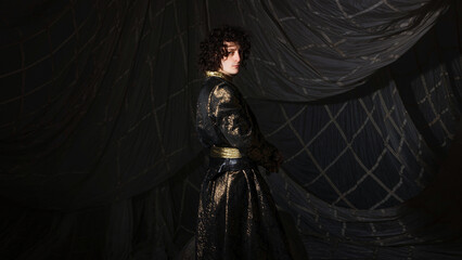 Modern prince costume combining suit silhouette with Middle Eastern decorative motifs