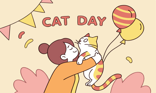 Cute cartoon smiling woman joyfully hugging her cute cat illustration, celebrating Cat Day with love and happiness. Leafy background adds a cozy and affectionate vibe.