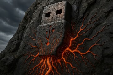 A usb symbol embedded in a lava-like rock, emitting glowing orange energy against a moody, stormy backdrop.
