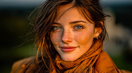 Portrait of woman with freckles and orange scarf looking at camera under warm natural light, Generated with AI
