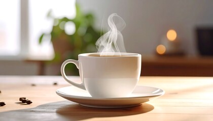 Fototapeta premium Warm coffee cup on wooden table