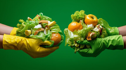 Hands in yellow and green gloves exchanging fresh vegetables and fruits against a vibrant green background, eco-friendly concept of gardening or sustainability