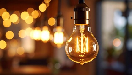 Warm, vintage Edison bulb, blurred background of warm lights