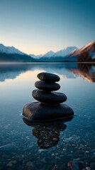 Serene Stacked Stones by Calm Lake at Dawn,lake,water