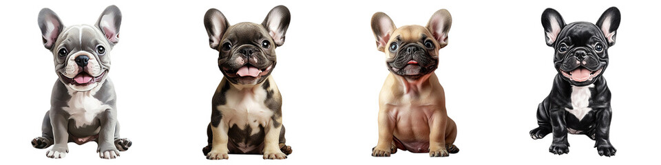 Fototapeta premium Four adorable French Bulldogs of various colors sitting side by side, a delightful display of canine companionship and charm for pet lovers and enthusiasts isolated transparent background
