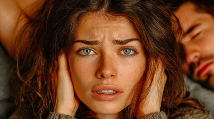 Distressed woman with hands over ears on pillow while her partner sleeps snoring without rest Generated with AI