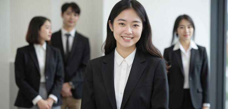 Young Japanese woman smiles in pro business attire with team members in background. Full body portrait for company website new employee profile. Stylish skirt, smart dress contributes to modern