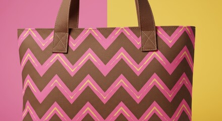 Fototapeta premium Stylish brown tote bag with eye-catching chevron pattern against vibrant backdrop