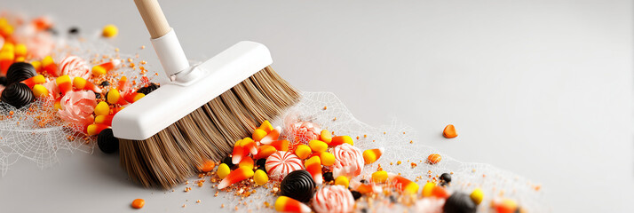 Broom sweeping colorful Halloween candy mix and cobwebs on a clean gray surface, festive concept of cleaning services or party planning
