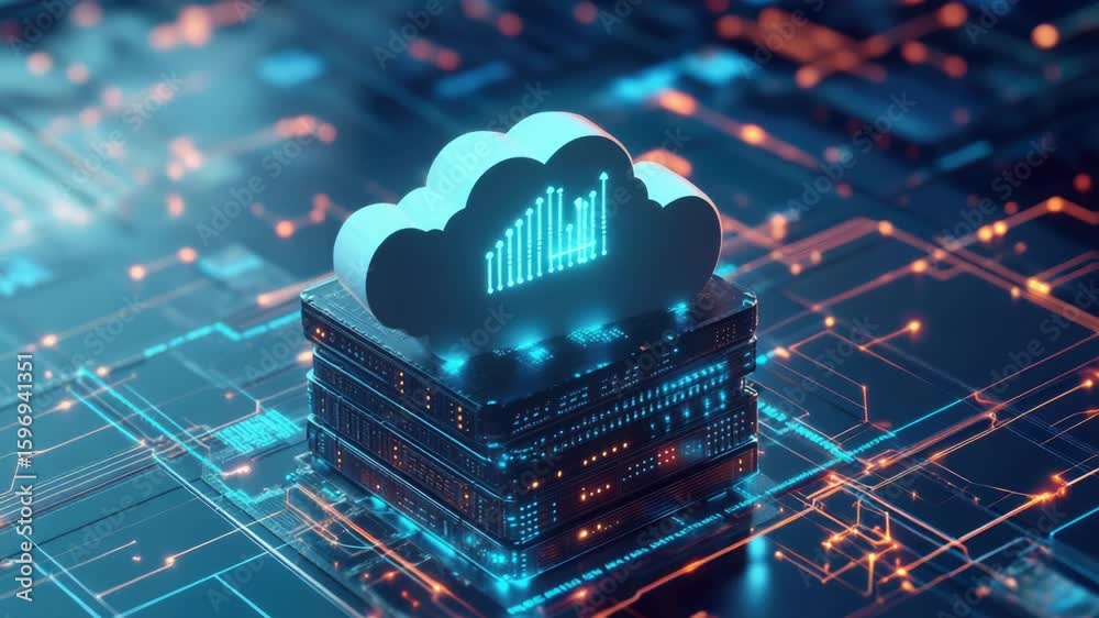 Poster a cloud hovering above a computer circuit board
