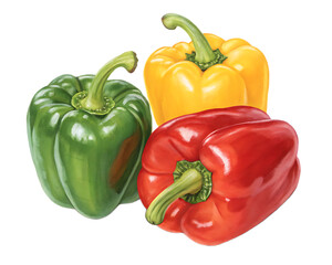 A still life composition featuring a green a yellow and a red bell pepper on a black background